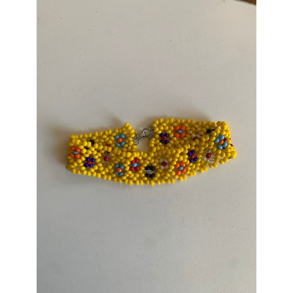 Vintage Yellow Seed Bead Floral Daisy Chain Bracelet Multi Color Boho Jewelry